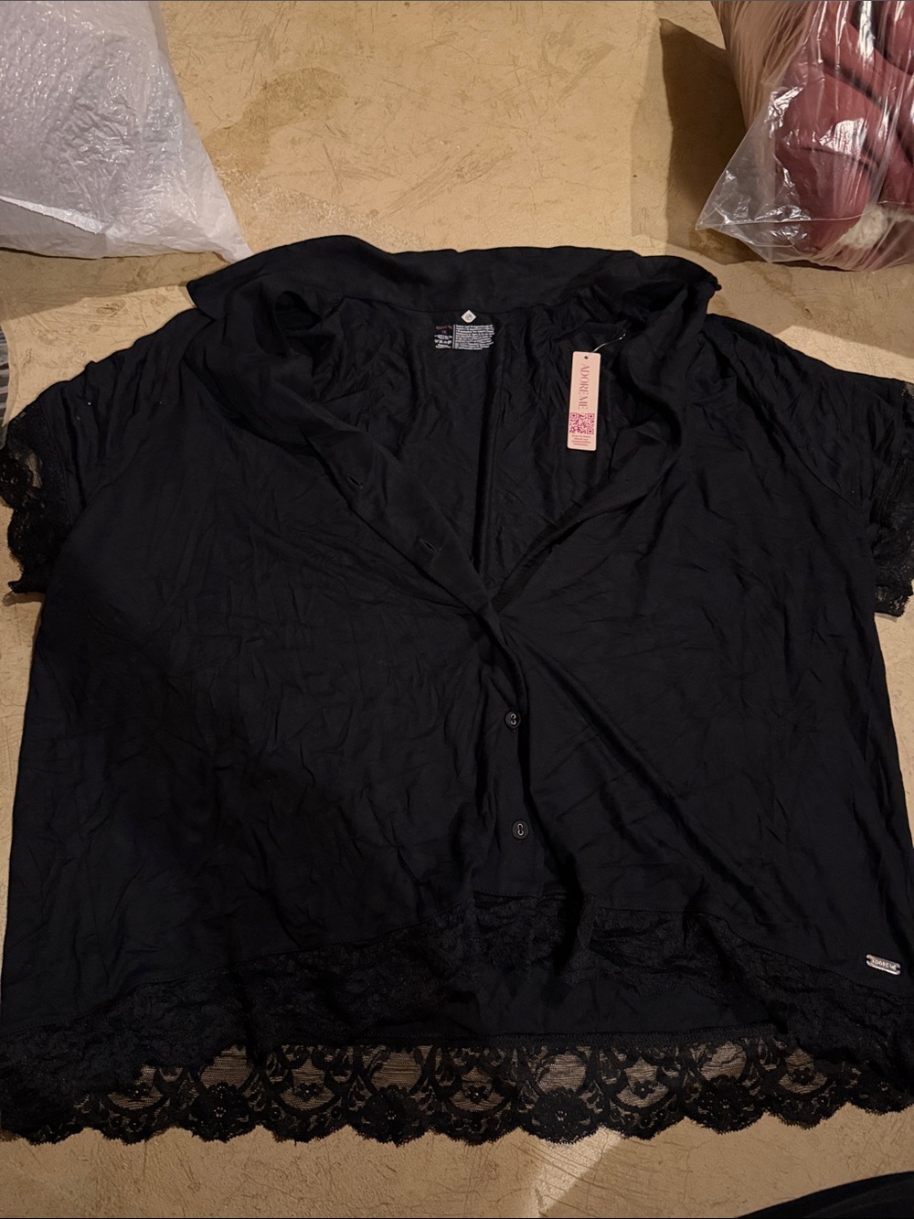 Adore Me Black Lace-Trim Button Down Top